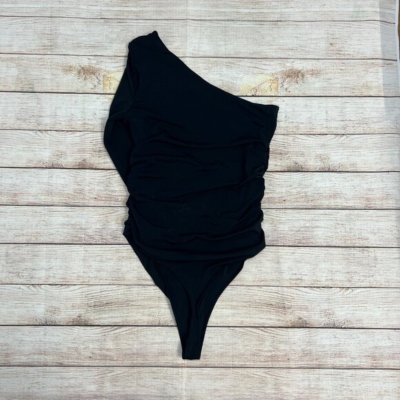 Abercrombie & Fitch Black One Shoulder Bodysuit Size M Long Sleeve Ruched - Picture 2 of 11